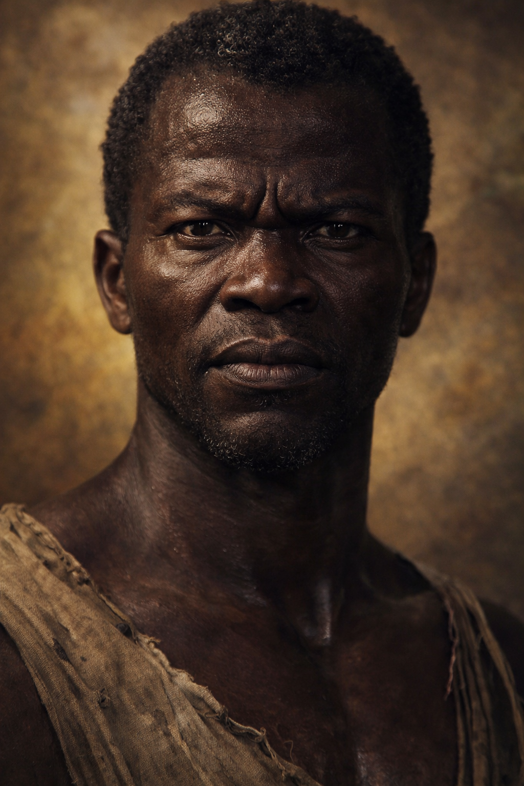 Portrait of a serious man with a rugged appearance and textured background.