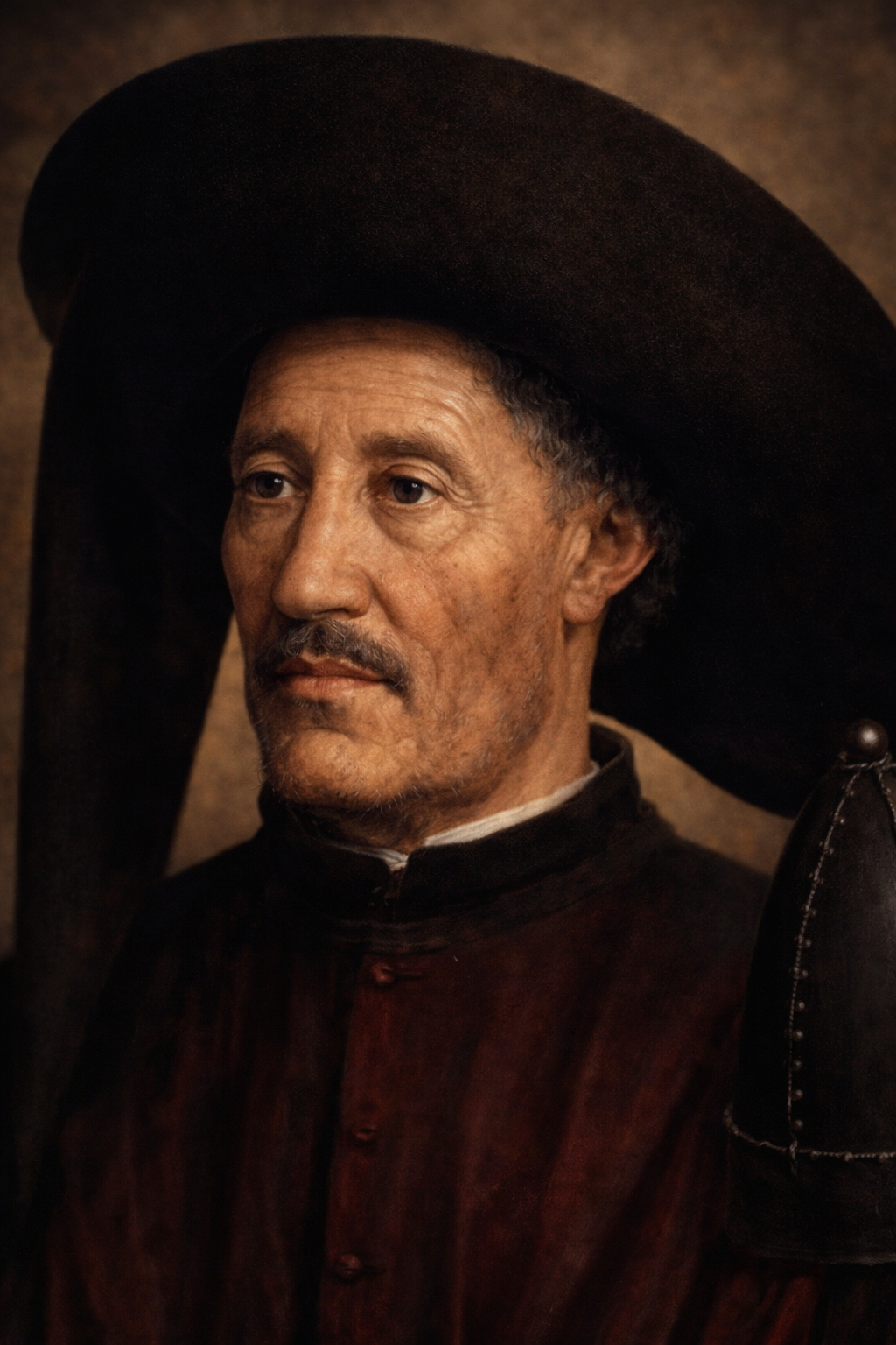 Portrait of a man in a large black hat and dark clothing.