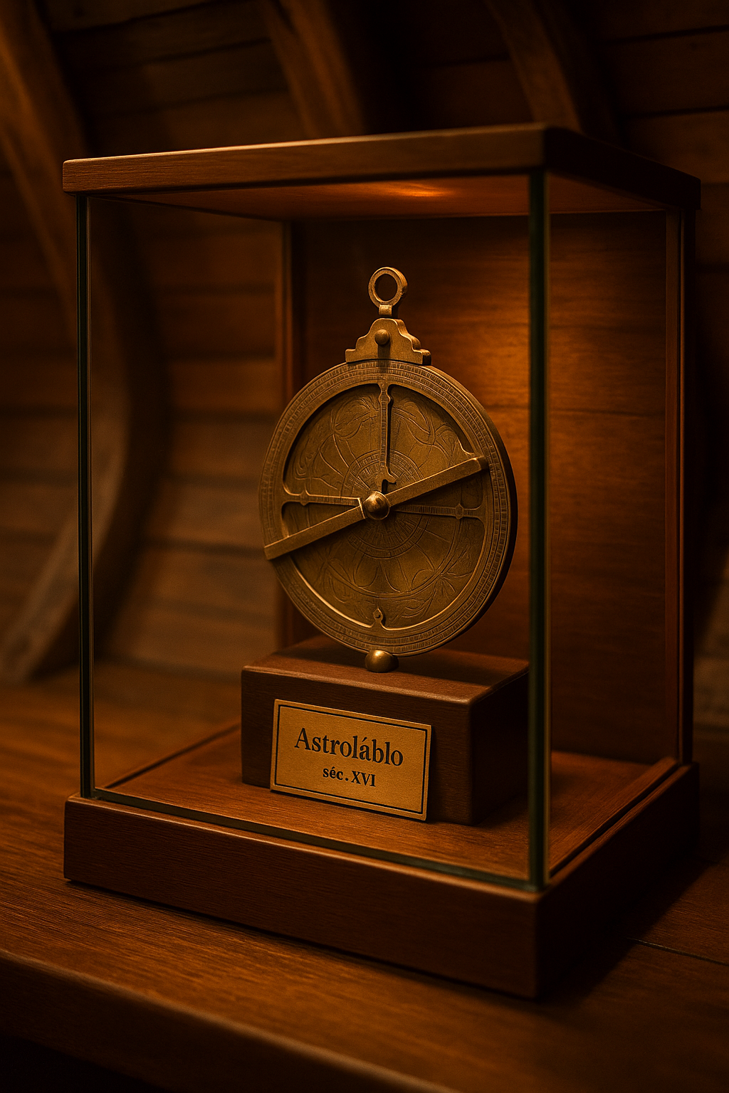 Antique astrolabe in glass case on wooden stand, labeled 'Astrolábio Século XVI'.
