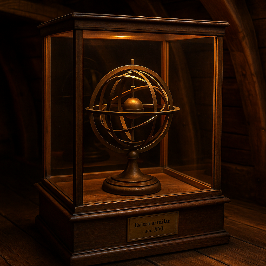 Brass armillary sphere displayed in a wooden glass case.