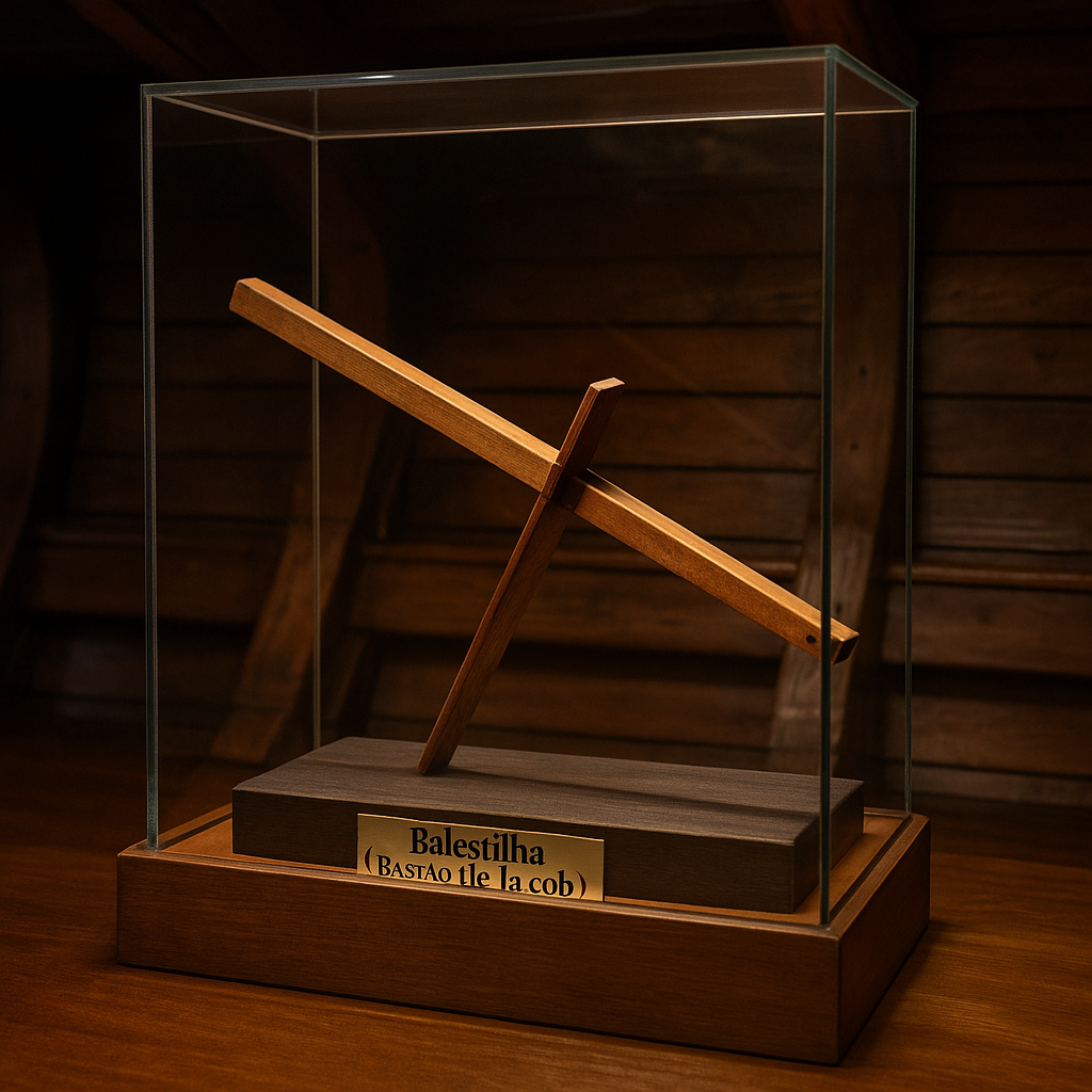 Wooden cross-shaped object encased in a glass display with a plaque.