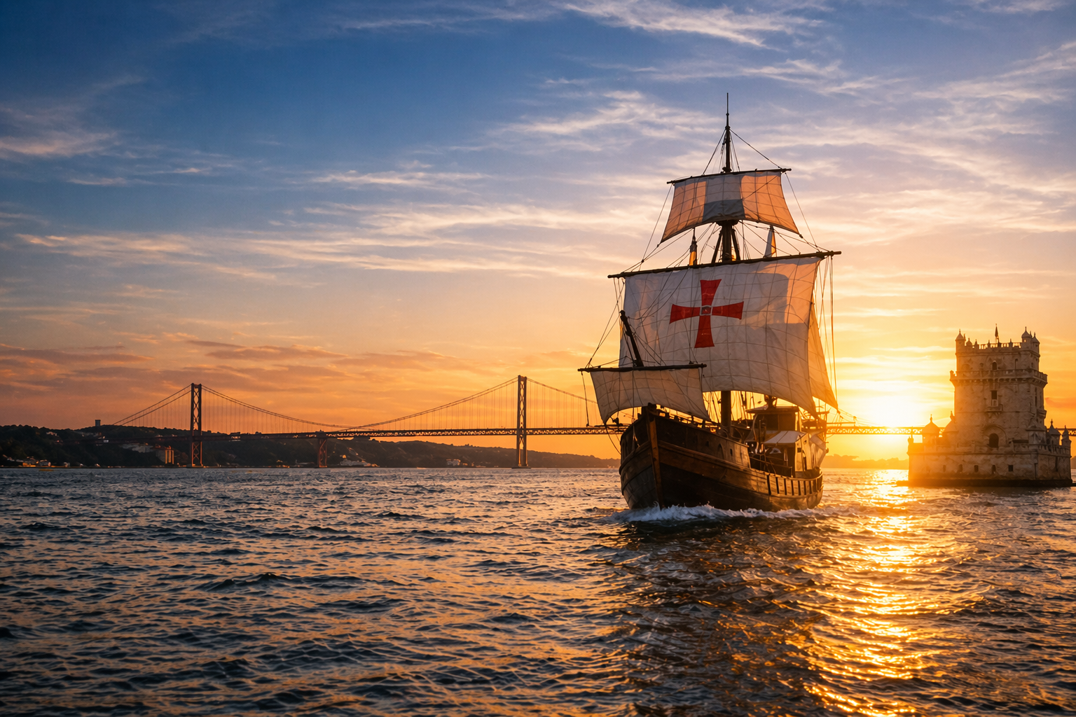 Historic ship sailing towards sunset near a bridge and tower.