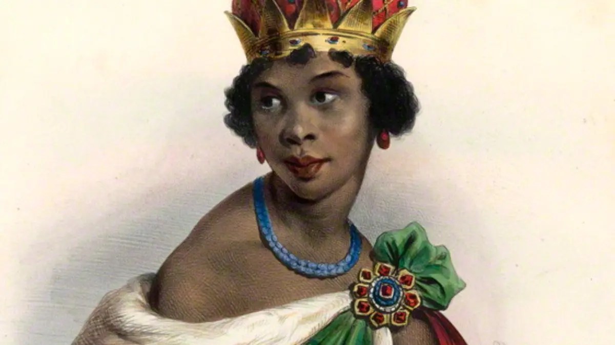 Illustration of a regal woman wearing a crown and jewelry.