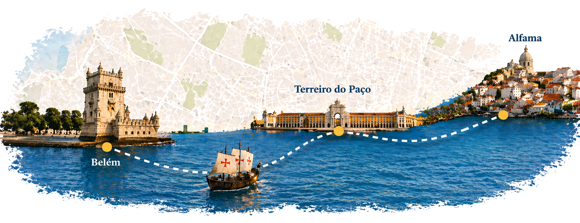 Illustrated map showing Belem Tower, Terreiro do Paço, and Alfama connected by a ship on water.