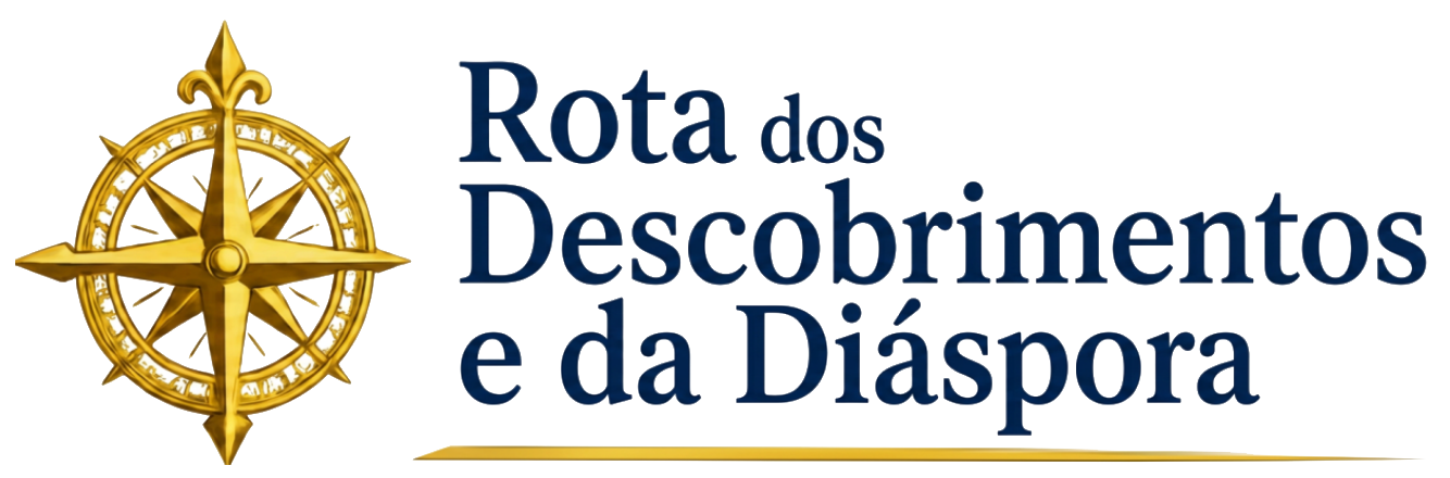 Logo with a compass rose and text 'Rota dos Descobrimentos e da Diáspora'.